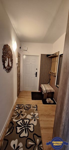 The entrance hall in a 3-room apartment with a wooden decor floor and a carpet with flowers.