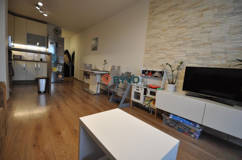 Living room with wood-patterned flooring, kitchen, dining table, and TV cabinet.