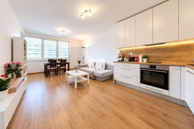 Living area with kitchen and wood-patterned flooring in a 2-room apartment.