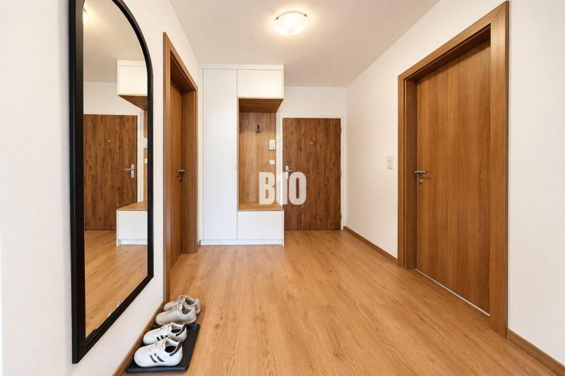 A bright hallway with wood-patterned flooring and a large mirror in a 2-room apartment.
