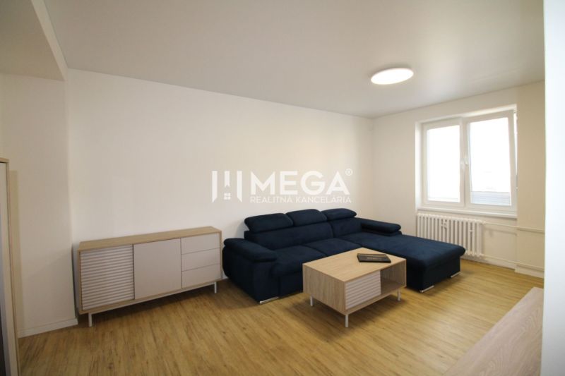 Living room in a two-room apartment with a sofa, a dresser, and a wooden decor floor.
