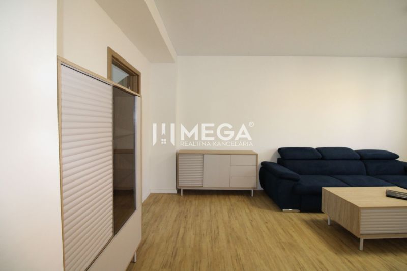 Living room with wood-patterned flooring, blue sofa, and furniture in a two-room apartment.