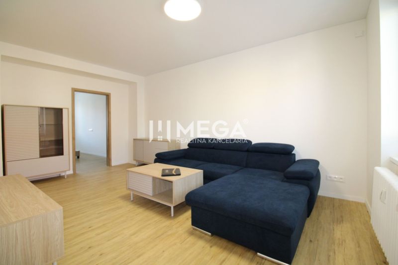 Living room in a 2-room apartment with a sofa, furniture, and a floor with a wood decor.