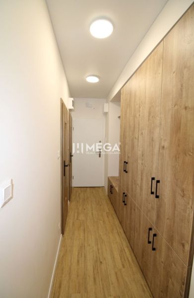 A hallway with a wooden decor floor and built-in wardrobes in a 2-room apartment.