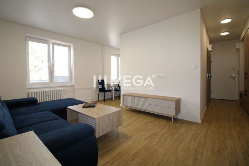 Living room with a sofa, coffee table, and wood-patterned flooring in a 2-room apartment.