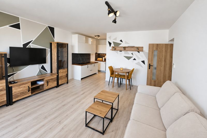 Living room with a kitchenette and a wooden decor floor in a 2-room apartment.