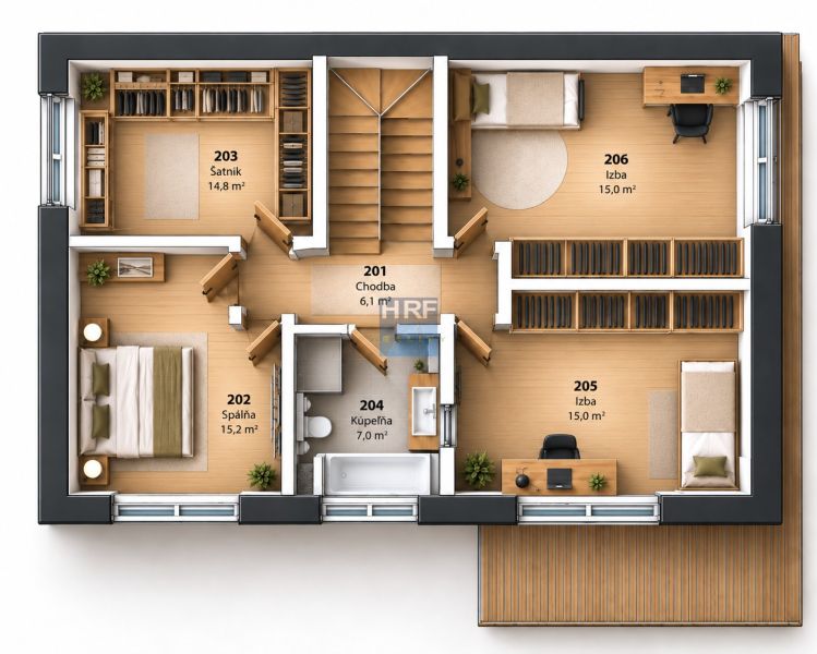 Floor plan of a family house with three rooms, a bathroom, and a walk-in closet.