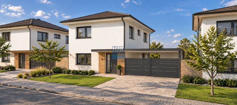 A family house on Vinohrady Street in Senica with a landscaped garden and access road.