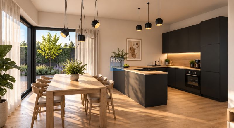 A kitchen in a family house with a wooden decor floor and large windows.