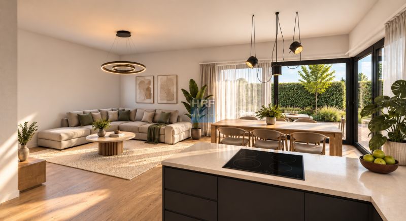 Living room in a family house with a wooden decor floor and large windows to the garden.