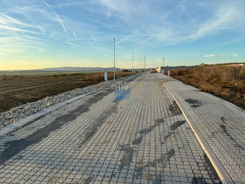 A road with a paved surface in Vinohrady, Senica, the surrounding landscape, and lighting poles.