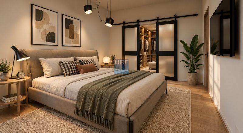 A bedroom in a family house with glass doors and a wooden decor floor.