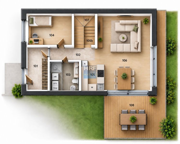 Floor plan of a family house with a wooden decor floor, terrace, and garden.