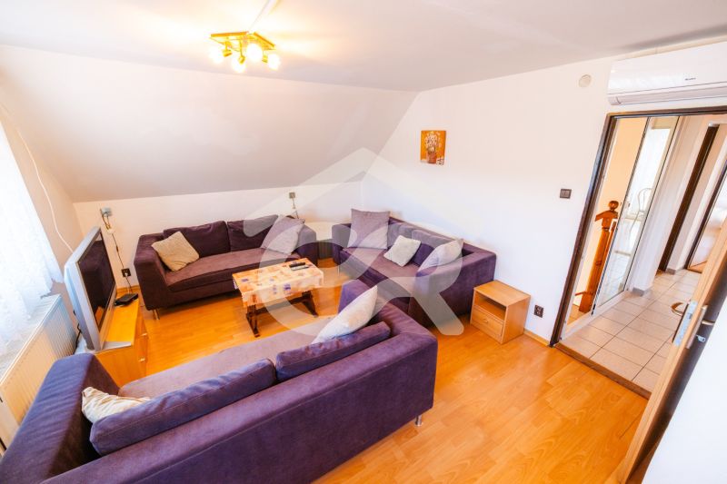 A living room in a family house with a purple couch and a wooden decor floor.