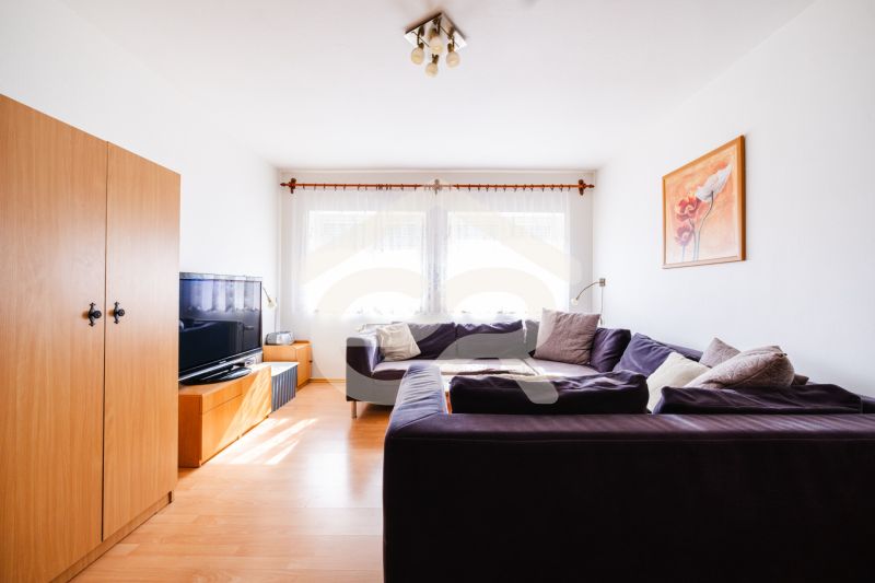 Living room in a family house with a sofa, television, and wooden decor flooring.
