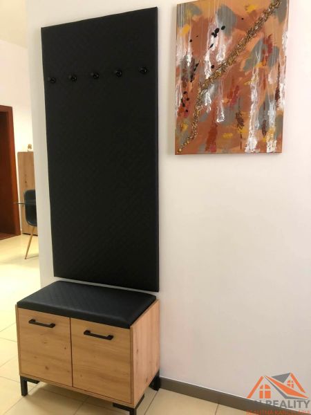A dresser and a coat rack with a black panel in the hallway of a 2-room apartment.