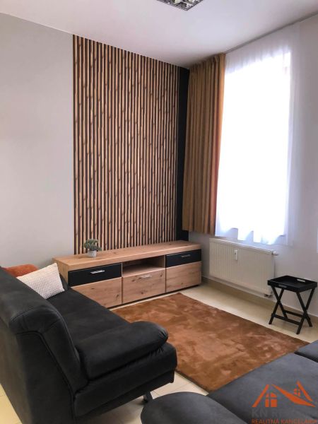 Living room in a two-room apartment with a wooden decor floor and a black sofa.