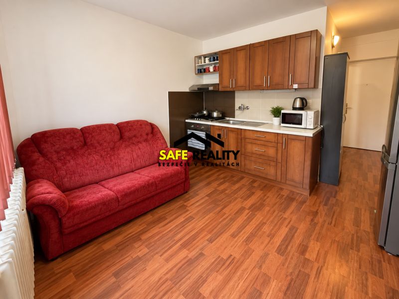 A kitchen in a studio apartment with a red sofa and a wooden decor floor.