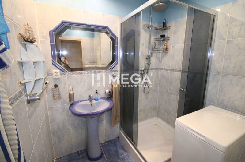 A bathroom in a 3-room apartment with a blue sink, shower, and washing machine.