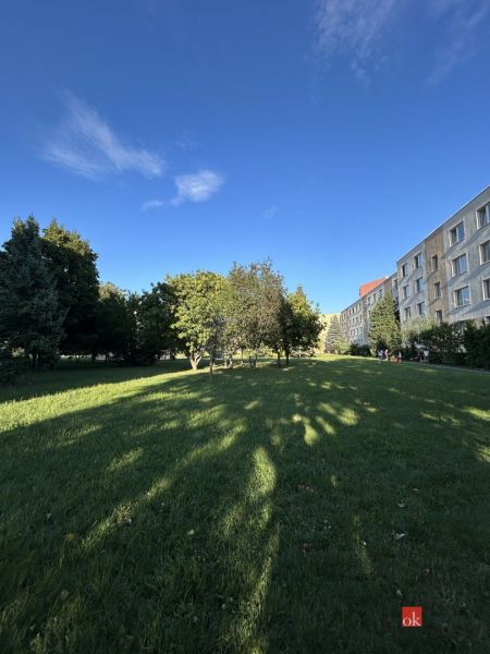 The park on Ďumbierska Street in Nitra is lined with trees and residential buildings.