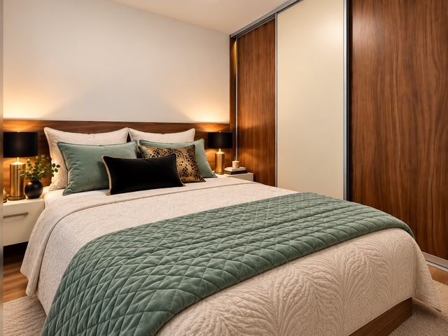 Bedroom in a 2-room apartment, combination of wood-decor flooring and elegant furniture.