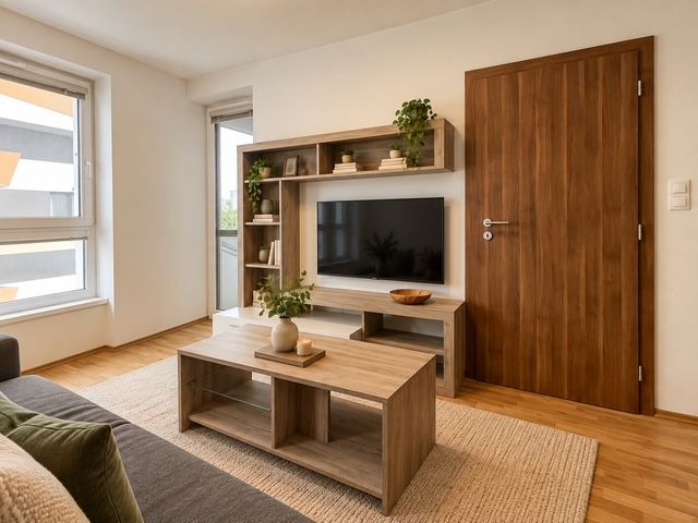 Living room in a 2-room apartment with a wooden decor floor, furniture, and a television.