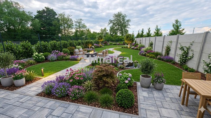 The garden of a family house in Hôrka nad Váhom with landscaped flower beds, a walkway, and outdoor seating.