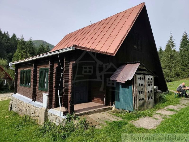 A cottage in Rajecká Lesná with a metal roof and wooden walls surrounded by nature.