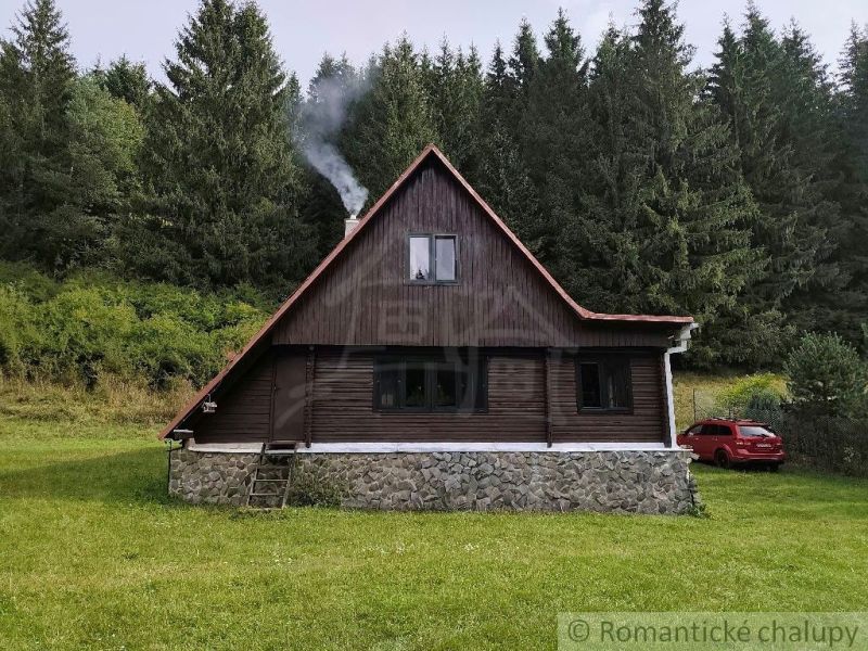 A cottage in Rajecká Lesná surrounded by forest with a car on a grassy area.