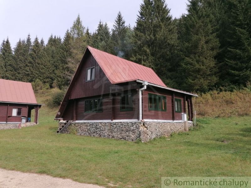 A cottage in Rajecká Lesná with a red roof, forest, and grassy surroundings.