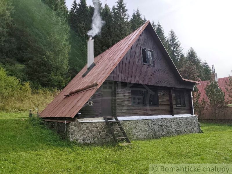 A cottage in Rajecká Lesná surrounded by forest with smoke coming from the chimney.