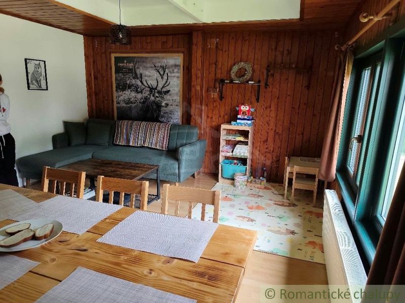 Wooden interior of a cabin with a sofa, table, and toys on the floor with wooden decor.