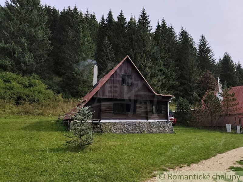 A cottage in Rajecká Lesná amidst forests, surrounded by a green grassy area.