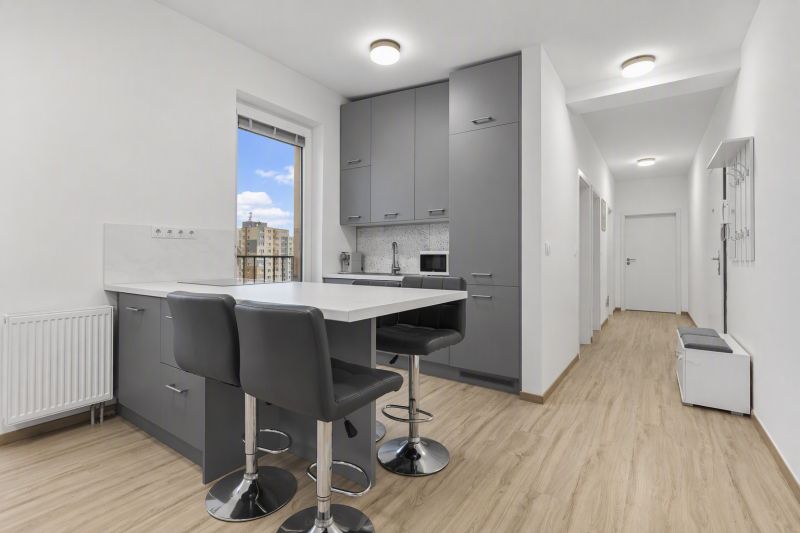 A kitchen in a 2-room apartment with a bar, gray cabinets, and a floor with a wood decor.