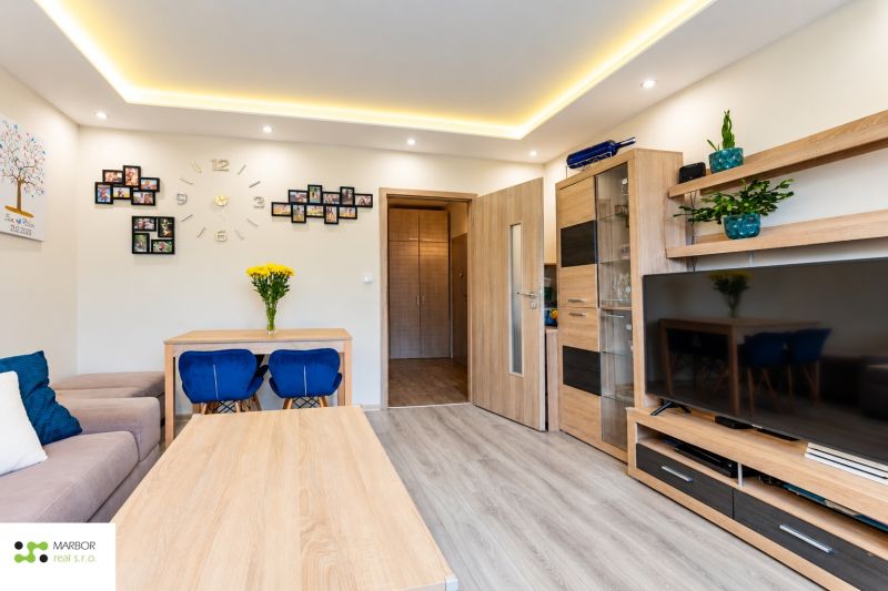 Interior of a 3-room apartment with wood-patterned flooring, a TV, and a dining table.