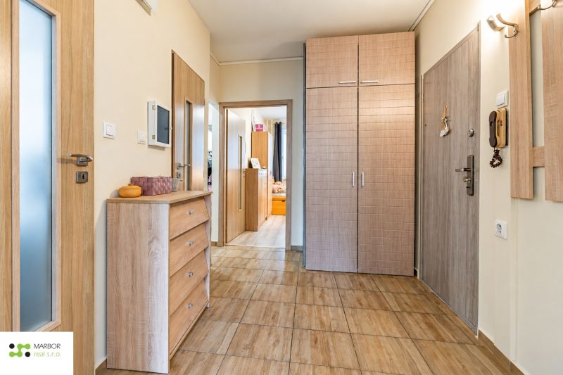 Entrance hall in a 3-room apartment, light wooden doors and floor with wood decor.