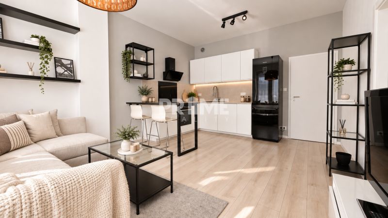 Stylish 1-bedroom apartment with wood-patterned flooring and a modern kitchen.