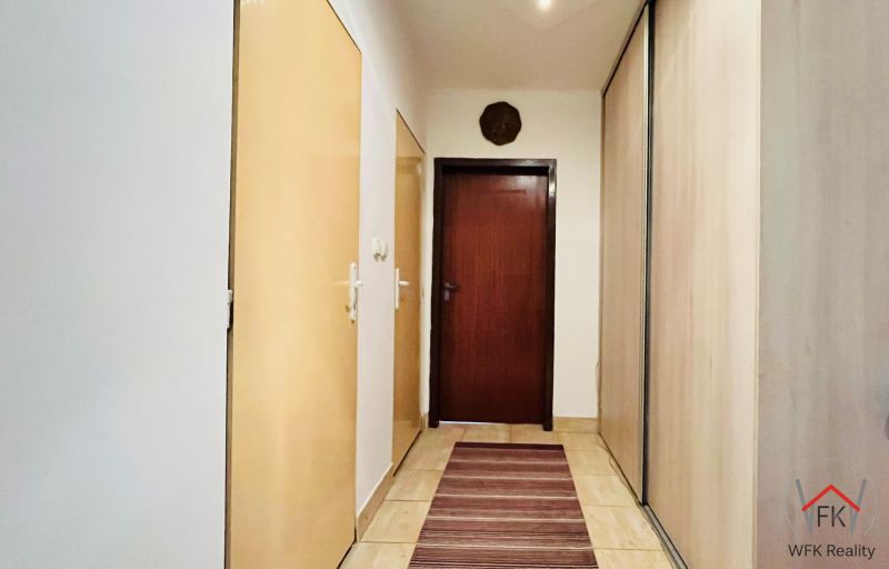 A hallway in a 3-room apartment with storage spaces and a carpet in warm tones.