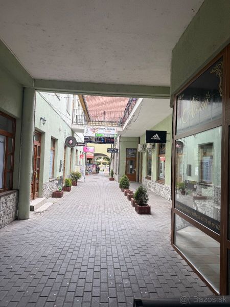 A passage with commercial spaces in Topoľčany with small trees and signs on the buildings.