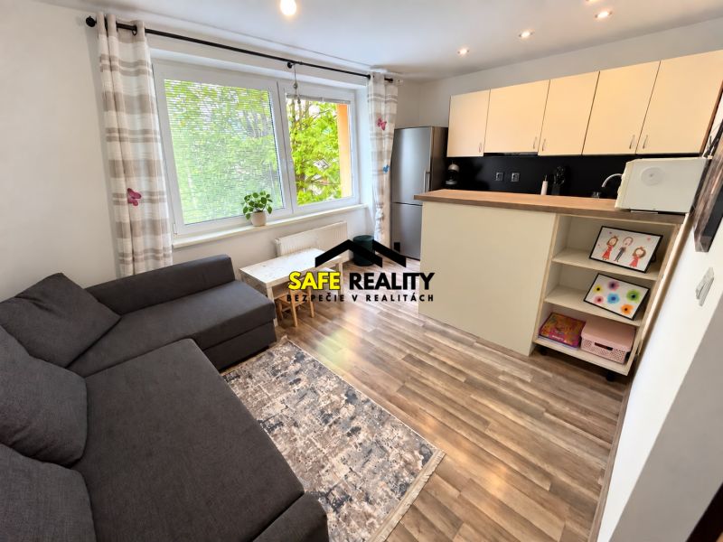 Bright living room in a studio apartment with wood-patterned flooring and a kitchenette.