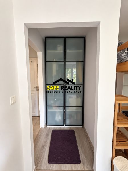 A narrow hallway with a wooden decor floor and a built-in wardrobe in a studio apartment.