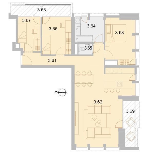 Floor plan of an apartment with two bedrooms, a living room, a kitchen, and a balcony, Apartment construction.