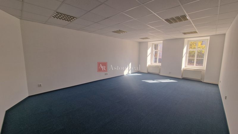 A bright spacious office with a blue carpet and white walls.