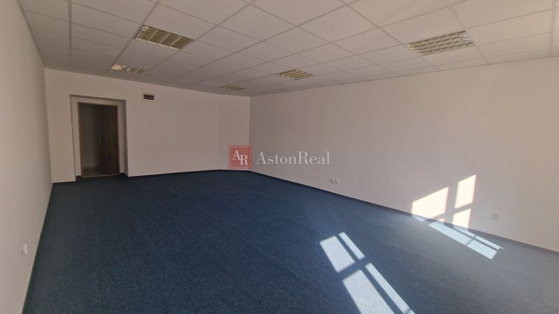 The office room with a blue carpet and white walls, suitable for furnishing.