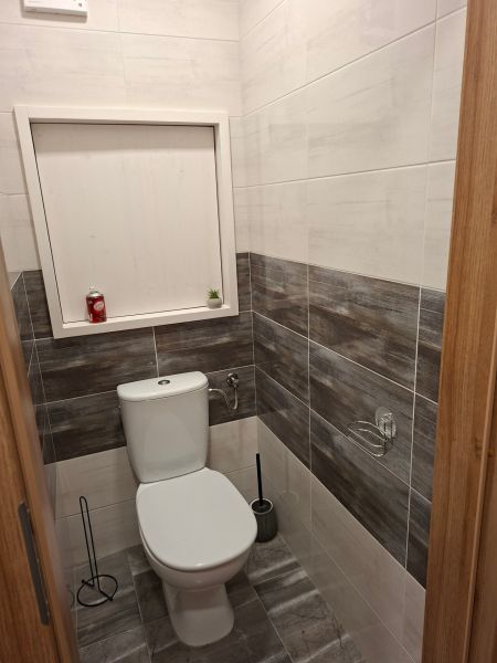 A bathroom in a studio apartment with a toilet, tiled in darker tones.