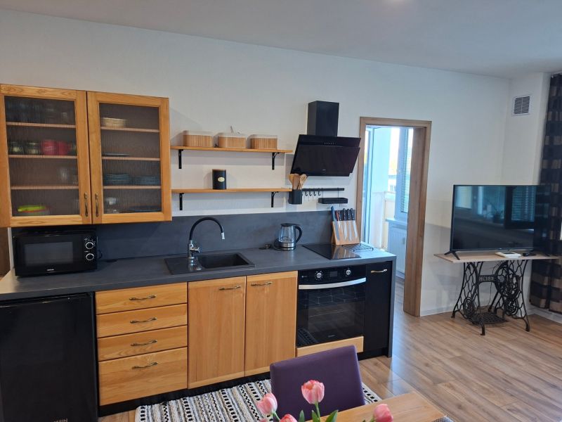 A kitchen in a studio apartment with wooden cabinets and a wood-patterned floor.