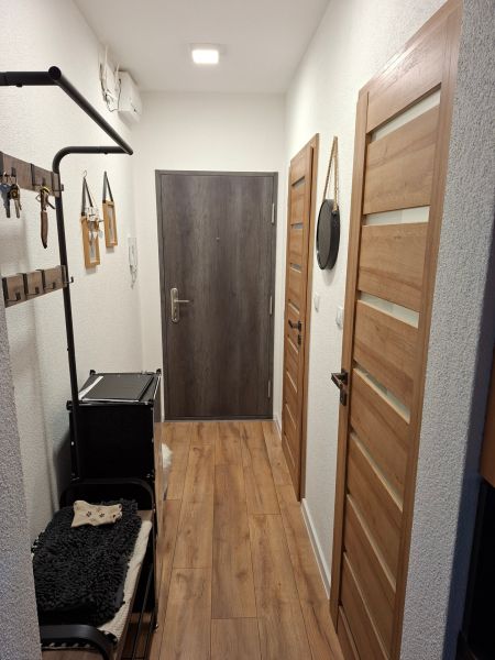 Hallway in a one-room apartment with a wooden decor floor and a coat rack.
