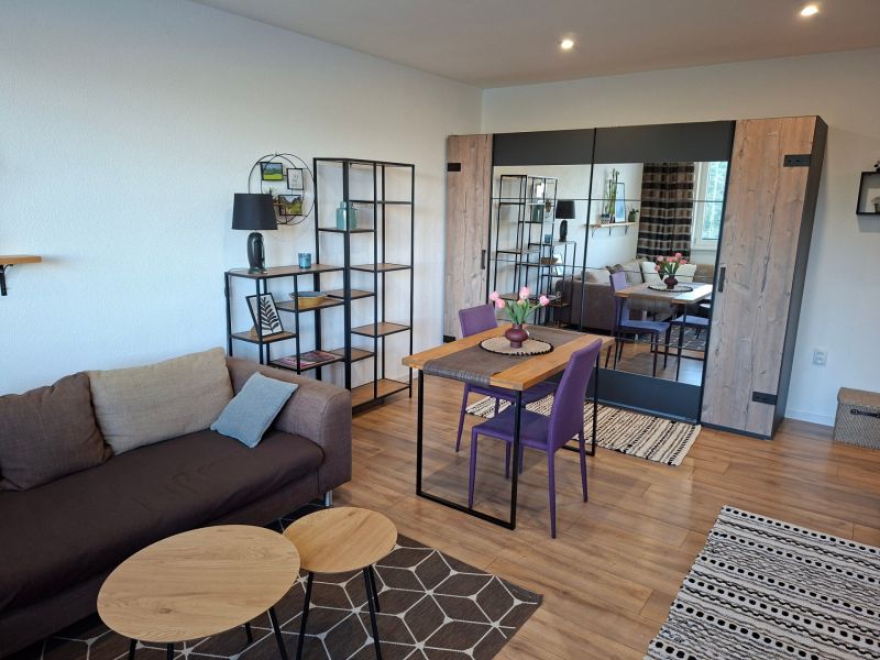 1-bedroom apartment with a sofa, dining table, and wooden decor flooring.