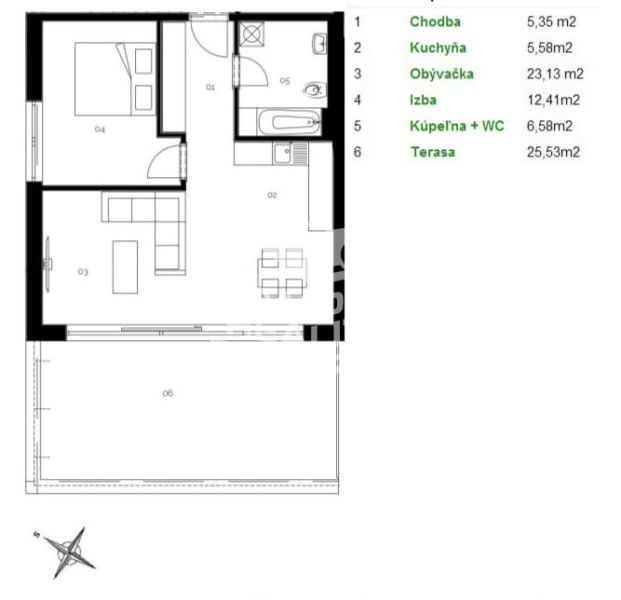 Floor plan of a 2-room apartment with a terrace and a kitchen connected to the living room.