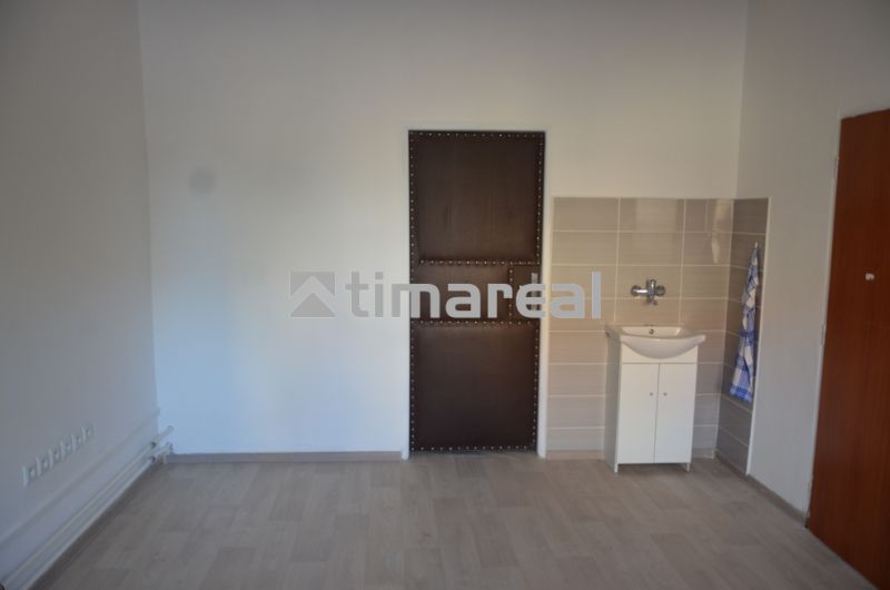 Interior of an office with wood-patterned flooring and a sink.